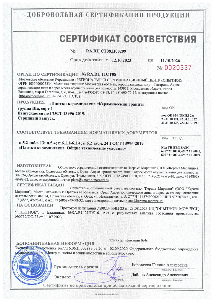 Сертификат соответствия Kerama Marazzi