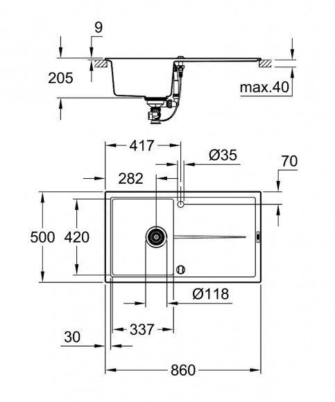 Мойка для кухни Grohe K400 композитная, черный гранит, 31640AP0