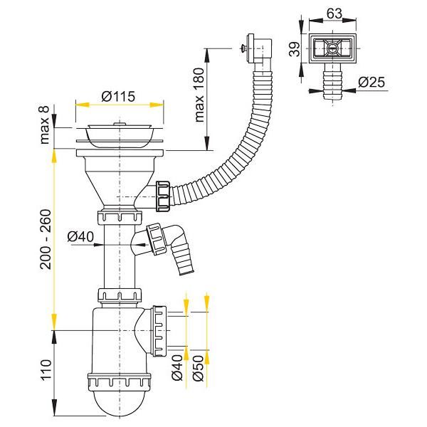 Сифон для мойки с нержавеющей решеткой A447P-DN50/40 A447P -DN50/40