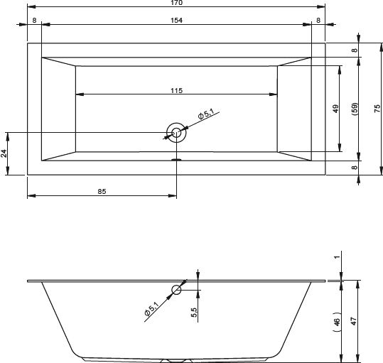 Ванна акриловая Riho LUGO 170x75 (с тонким бортом), BT0100500000000