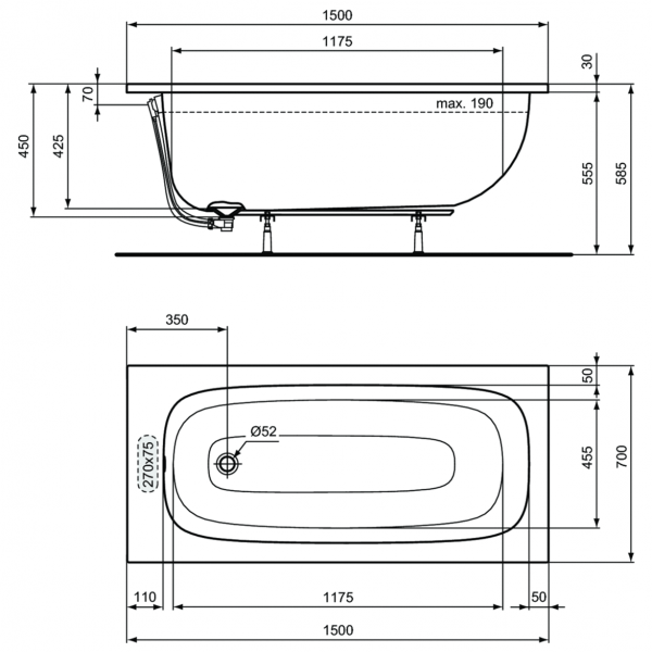 Акриловая ванна Ideal Standard i.life 150х70 см, T475701