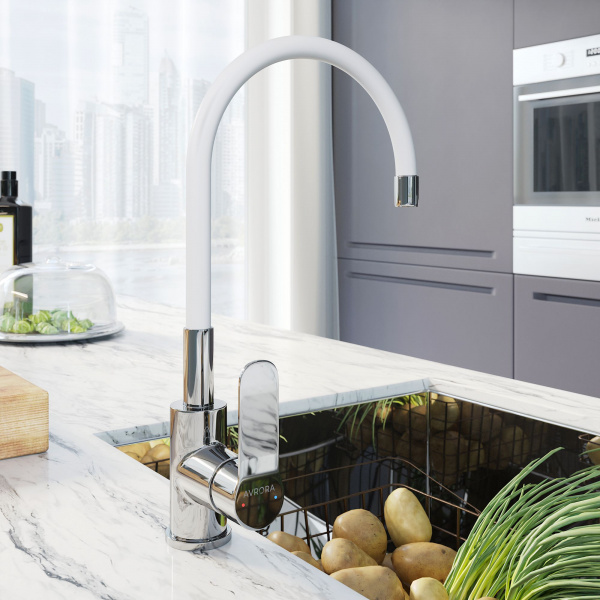 Смеситель для кухни Avrora Kitchen с высоким гибким изливом серый, AV9002G