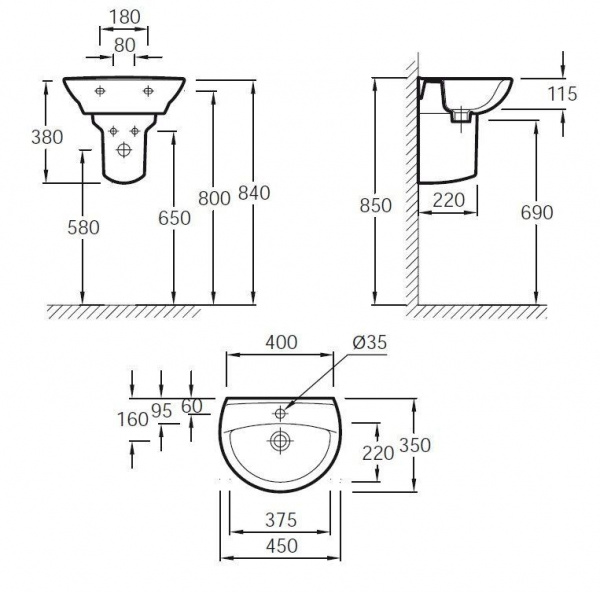 E4144-00 рукомойник PATIO /45х35/ (бел) E4144-00