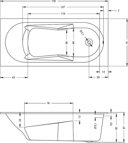 Ванна акриловая Riho LAZY 170x75, BC3800500000000