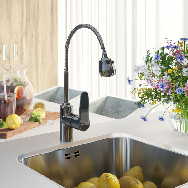 Смеситель для кухни Avrora Kitchen с высоким гибким изливом, AV9001