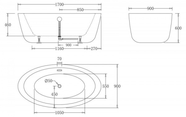 Ванна акриловая BelBagno 170*90 см, белая, BB67-1700