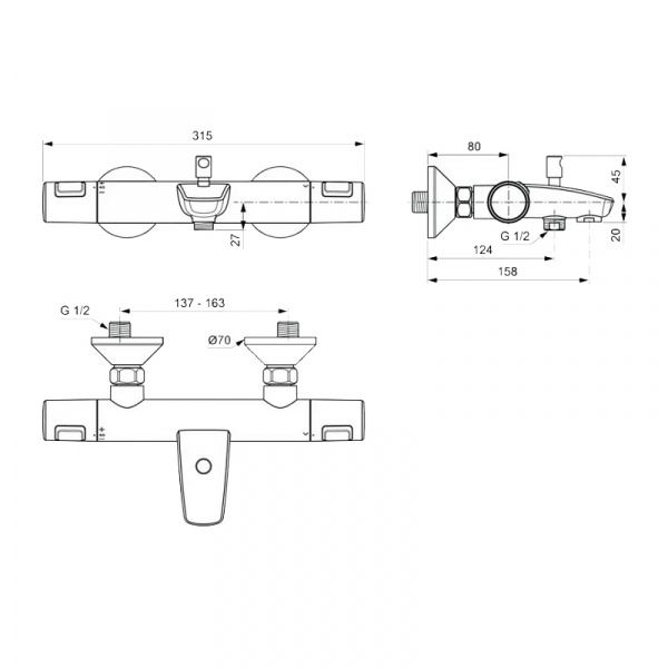 Настенный термостатический смеситель для ванны/душа Ideal Standard Ceratherm T25, хром, A7206AA