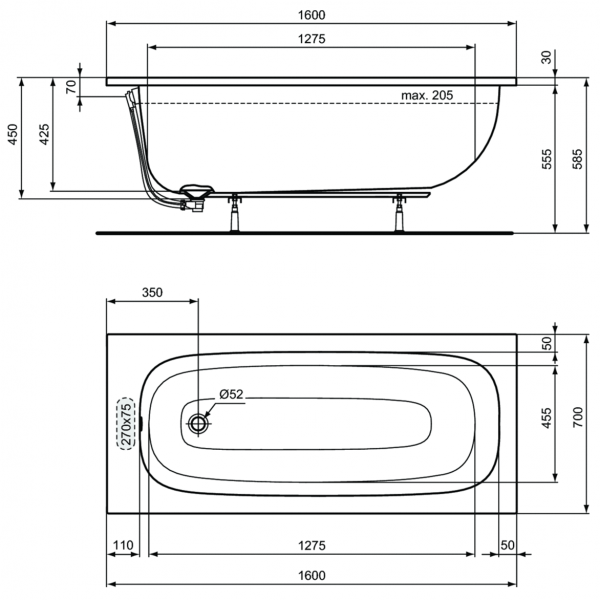 Акриловая ванна Ideal Standard i.life 160х70 см, T475801
