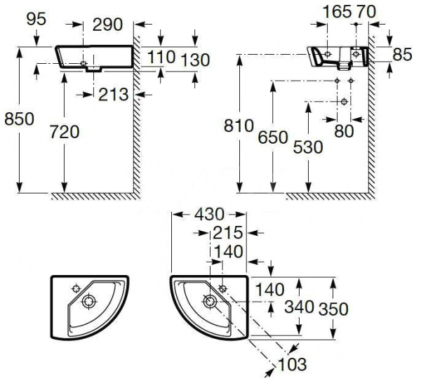 Раковина Roca HALL 430х350х130 мм, угловая, правая, уст.компл., 7.3276.2.200.0