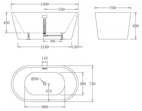 Ванна акриловая BelBagno 150*75 см, белая, без перелива, BB71-1500-W0
