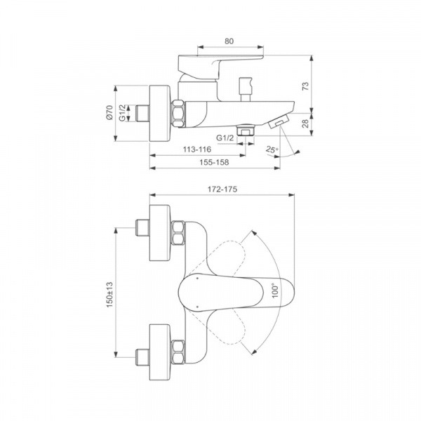 Настенный смеситель для ванны/душа Ideal Standard CERAFINE O, черный матовый, BC500XG