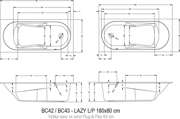 Ванна акриловая Riho LAZY LEFT - PLUG & PLAY 180x80, BD7800500000000