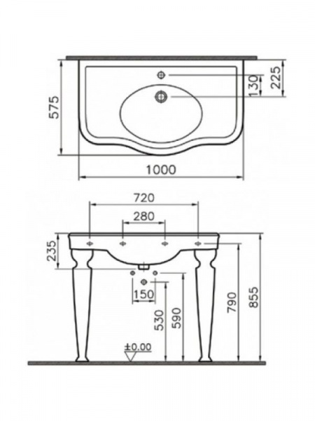 Раковина Efes, 100 см, одно отверстие под смеситель, цвет белый (2 консольные ножки) 6209B003-0001