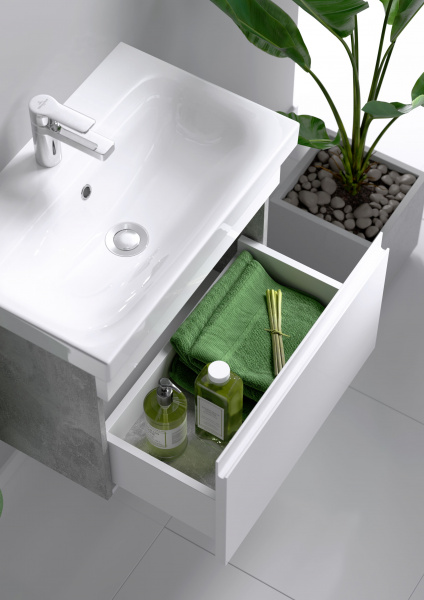 Тумба Aqwella "Smart" 80 подвесная, цвет бетон светлый с раковиной MODUO 80 SLIM SRT0108BS